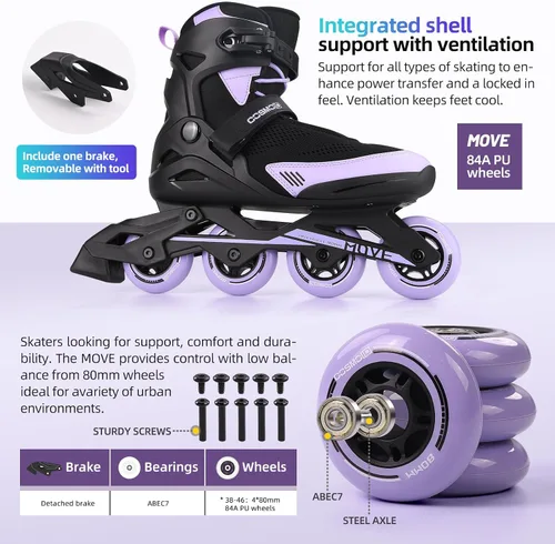 Miniatura 5 de Move - Patines en línea para mujer y hombre, patines profesionales para adultos, para uso en interiores y exteriores, talla 5-12 Negro&Púrpura