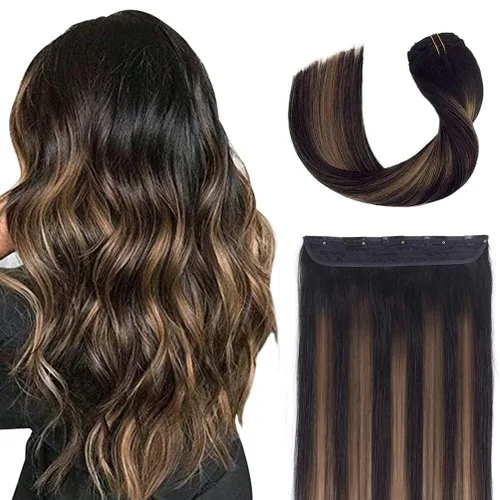 Miniatura 16 de Winsky Extensiones de cabello de cabello humano real - Una pieza con reflejos rubios, extensiones de cabello Remy con clip para mujeres