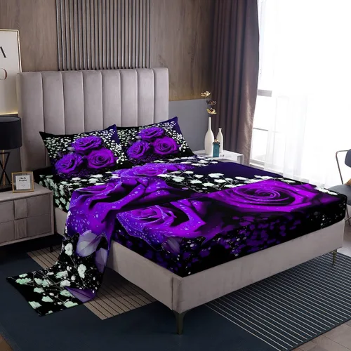 Miniatura 14 de Juego de sábanas femeninas de flores de rosas rojas, tamaño individual, juego de ropa de cama para el día de San Valentín, decoración de habitación