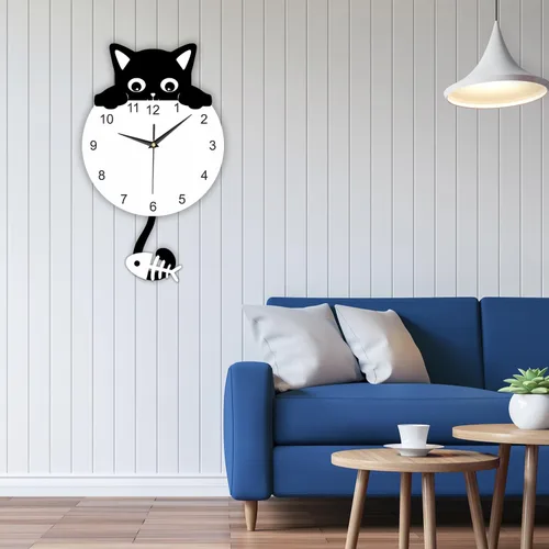 Miniatura 5 de Reloj de pared con péndulo de gato negro con cola oscilante, divertido reloj de gato con cola móvil, fácil de montar, gatitos y peces de lujo, reloj