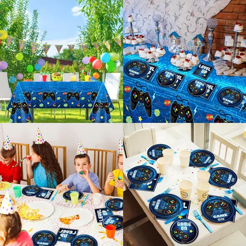 Miniatura 6 de Juego de suministros para fiesta de videojuegos, vajilla para 24 invitados, platos para fiesta de cumpleaños temática de juegos, decoración