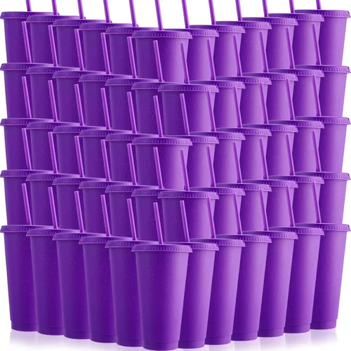 Miniatura 37 de Honeydak Paquete de 60 vasos con popote y tapa, vasos a granel para regalos, tazas de café de plástico con purpurina de 24 a 27 onzas, botella