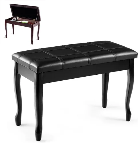 HAPPYGRILL Banco de piano con cojín acolchado de piel sintética, cómodo taburete de asiento doble con almacenamiento y pata de madera maciza