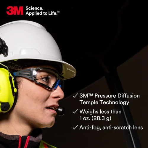 Miniatura 5 de 3M - Lentes de seguridad SecureFit, paquete de 20, ANSI Z87, antiarañazos y antivaho Scotchgard, lente transparente, marco azul/gris, varillas