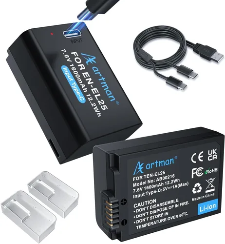 Artman EN-EL25 EN-EL25A - Batería de 1600 mAh, paquete de 2 con cable de carga rápida USB-C compatible con cámara Nikon Z50 ii Z50 Z30 ZFC, batería