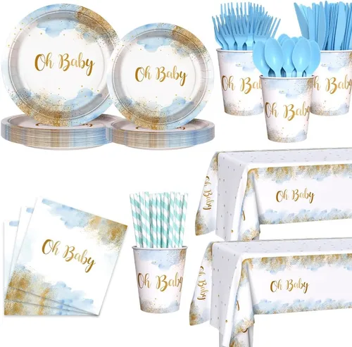 Miniatura 12 de AIBIIN 112 piezas Decoraciones para fiesta de baby shower para niño en acuarela azul pastel Suministros para fiesta de baby shower para niño Vajilla