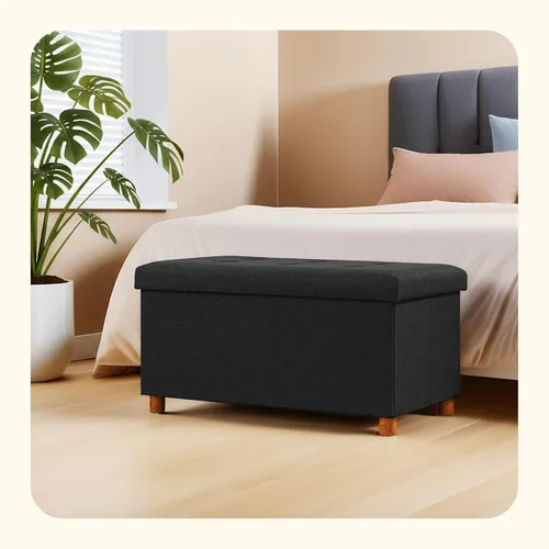Miniatura 6 de PINPLUS Cubo otomano de almacenamiento, reposapiés de lino blanco con patas de madera, reposapiés de tela plegable, asiento cómodo con tapa, otomana