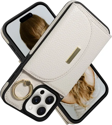 Miniatura 20 de Funda tipo cartera para iPhone 15 Pro de 6.1'', funda plegable con ranuras para tarjetas, soporte con anillo y atril, cubierta protectora tipo folio