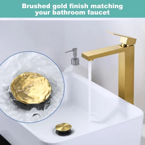 Miniatura 4 de Drenaje de fregadero de baño sin desbordamiento, tapón emergente ARCORA de oro cepillado para fregadero de recipiente con botón de clic