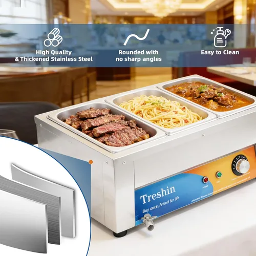 Miniatura 3 de Treshin Calentador de alimentos comercial de 3 sartenes, capacidad de 21 cuartos de galón, 1200 W, de acero inoxidable, calentador de alimentos