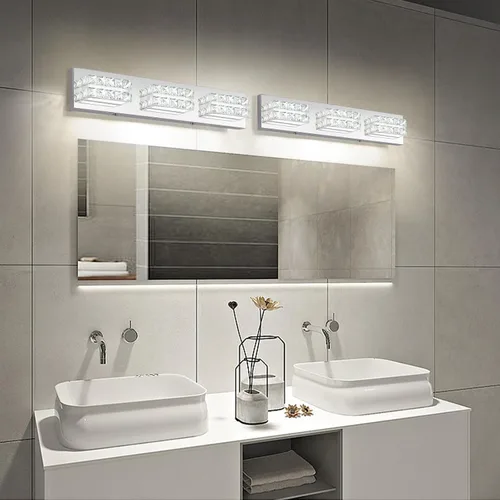 Miniatura 6 de OKELI Lámpara de tocador de cristal para baño, moderna lámpara LED de tocador para baño, lámpara frontal de espejo de cristal de 3 luces, 6000 K