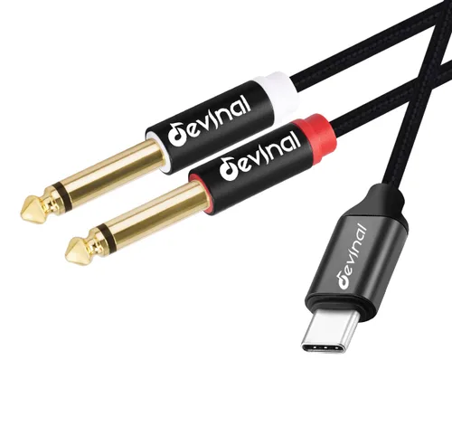 Cable de audio USB C a 1/4 de pulgada, tipo C a doble cable auxiliar estéreo TRS de 0.250 in, divisor en Y para teléfono inteligente, tableta, 2