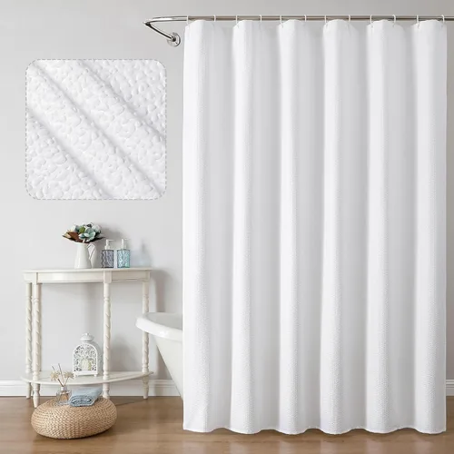 Miniatura 26 de OWENIE Cortina de ducha blanca para baño, 96 pulgadas, extra larga, elegante cortina de ducha de tela texturizada en relieve 3D, repelente al agua