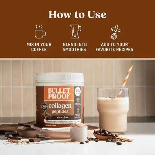 Miniatura 4 de Polvo de proteína de colágeno Bulletproof con chocolate y aceite MCT, 19g de proteína, 17.6 onzas, péptidos de colágeno y aminoácidos para una piel