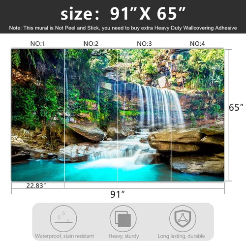 Miniatura 4 de Papel tapiz de tela con paisaje de cascada de lago verde, sala de estar, bosque, montaña, dormitorio, baño, mural de pared - 91 x 65 pulgadas