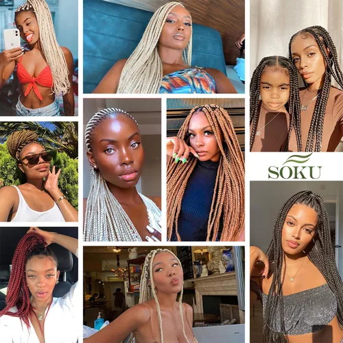 Miniatura 7 de SOKU Extensiones de cabello trenzado preestiradas de 24 pulgadas, paquete de 4 paquetes de trenzas de caja color rubio miel fresa, trenzas 4