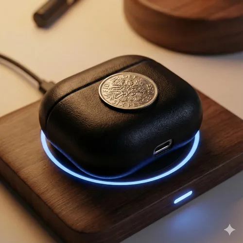 Miniatura 4 de LUVRYN - Funda para AirPods Pro 3, moneda británica de la suerte de seis peniques, funda de cuero de lujo hecha a mano, para AirPods Pro de 3ª