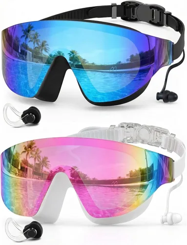 Zoomsnail Swim Goggles 2 Pack, Rimless Wide View Swimming Goggles for Adult, Anti-Fog UV Leaking Pool Goggles for Men Women Azul y rosa