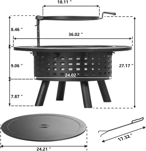 Miniatura 8 de Verdeluxe Hoguera al Aire Libre de 91 cm con Parrilla, Hogueras de Leña para Exteriores con Tapa y Atizador, Mesa de Hoguera 3 en 1 de Metal