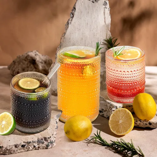 Miniatura 3 de Vasos de beber con asas Hobnail con pajitas, juego de 8 vasos vintage de 15 oz y 12 oz, juego de vasos con relieve para beber, vasos de vidrio