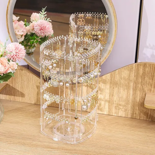 Miniatura 5 de SuoXing Organizador de aretes giratorio de 360 grados y exhibidores de joyas, estante transparente para aretes, collares, pulseras, carrusel, torres