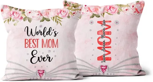 Useful Gifts for Mom, World's Mom Ever Floral Flowers, Personalized Square Pillow, Gifts for Mother Women from Kids Children