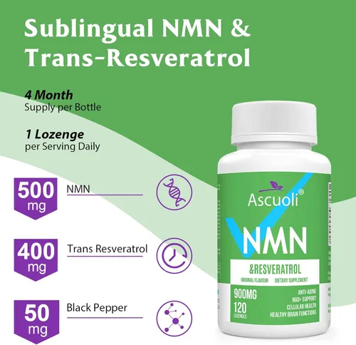 Miniatura 3 de NMN sublingual 500mg + Trans-Resveratrol 400mg, fórmula avanzada 3 en 1 99% puro suplemento de NMN y resveratrol para aumentar* NAD, células, Verde