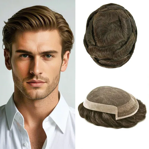 Miniatura 18 de Toupee Hair System For Men Real Human Hair Swiss Lace Mens Toupee Men Hair Replacement System Natural Hairline Mens Hairpieces 6X8"-80% light