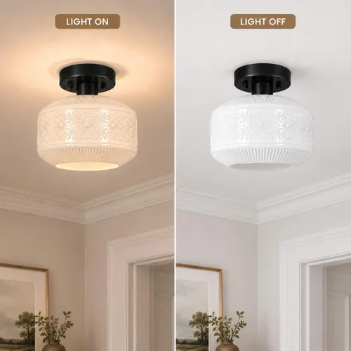 Miniatura 7 de DSMJFU - Lámpara de techo semiempotrada negra, lámpara de techo pequeña vintage, accesorio de iluminación de pasillo de vidrio blanco grueso, luz