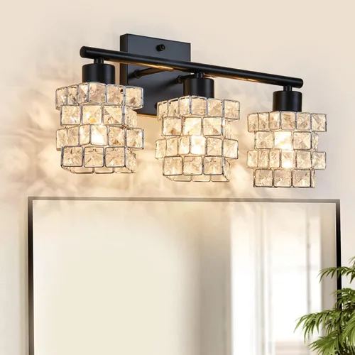 Miniatura 2 de Lámpara de tocador de baño de 3 luces, lámpara de cristal sobre el espejo, negro mate y luces de pared interiores giratorias de cristal Pantalla