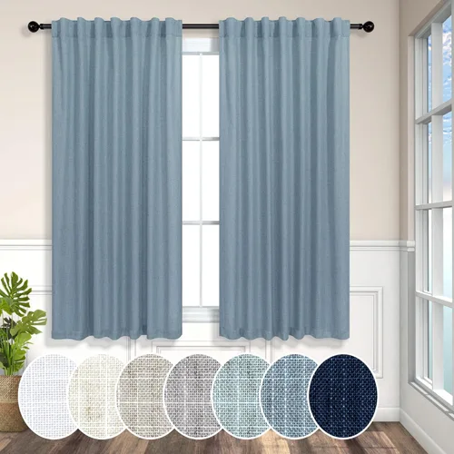 Miniatura 81 de Cortinas de lino azul de 84 pulgadas de largo para sala de estar; juego de 2 paneles con lengüeta trasera; cortinas con dobladillo para barra; Azul