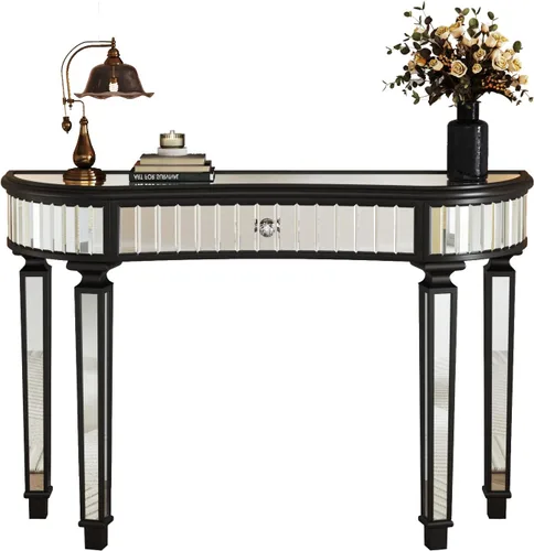 Miniatura 3 de Mesa consola de media luna de 47 pulgadas con cajón de cristal estriado y perilla de cristal, escritorio plateado para entrada, dormitorio, vestidor