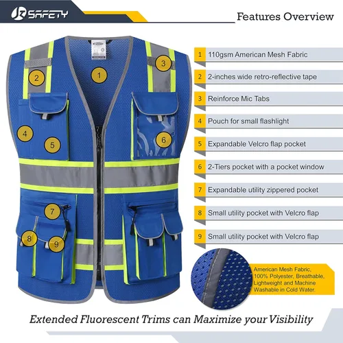 Miniatura 3 de JKSafety - Chaleco de seguridad de alta visibilidad con 10 bolsillos, color neón, cremallera frontal, malla para hombres y mujeres, utilidad