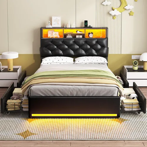 Miniatura 7 de HAUOMS Cama Twin con Cabecera de 3 Niveles y Almacenamiento Oculto, Marco LED Tapizado con 4 Cajones y Estación de Carga, Cama de Plataforma de Pu