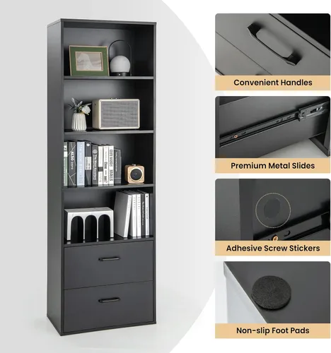 Miniatura 8 de LOKO Estantería de 74 pulgadas de alto, gabinete de almacenamiento alto moderno de 6 niveles con 2 cajones y 4 estantes abiertos, estantería de Negro
