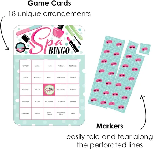 Miniatura 2 de Big Dot of Happiness Spa Day - Tarjetas de bingo y marcadores - Juego de bingo de fiesta de maquillaje - Juego de 18