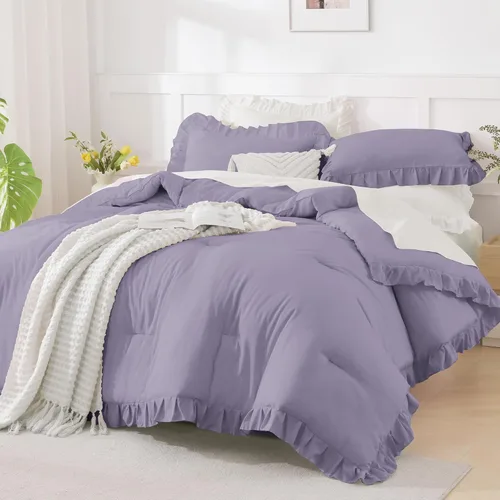 Miniatura 4 de Andency - Juego de edredón grisáceo lavanda púrpura, tamaño King, 3 piezas, juego de ropa de cama con volantes sólidos y colecciones, ropa de cama