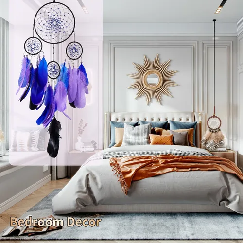 Miniatura 2 de Atrapasueños de color azul estrellado, plumas de ganso con multianillo, hecho a mano, gran atrapasueños para dormitorio, atrapasueños para niñas