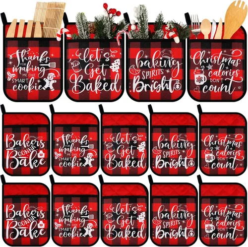 Miniatura 8 de 10 piezas agarraderas de Navidad con bolsillo, agarraderas para ollas, regalo de almohadillas térmicas resistentes al calor, guantes de horno, bolsa