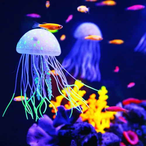 Miniatura 2 de VOCOSTE Decoración de medusas para pecera, medusas fluorescentes de silicona, adornos de acuario con ventosa, azul, 2.3 x 5.9 pulgadas