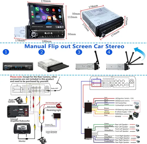 Miniatura 6 de Naifay Estéreo de coche con pantalla táctil de un solo DIN con Carplay y Android Auto, pantalla abatible de 7 pulgadas con receptores de audio