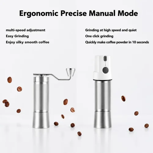 Miniatura 4 de Molinillo de café eléctrico y manual 2 en 1 con rebabas de acero inoxidable de 1.575 in, molino de fresas totalmente metálico recargable por USB
