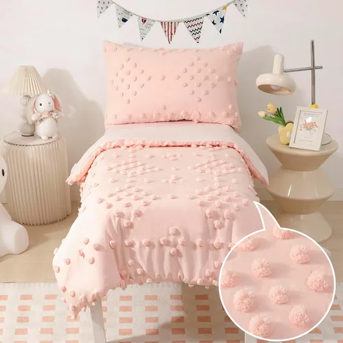 Juego de ropa de cama para niñas pequeñas de 4 piezas, jacquard rosa con pompones y mechones, estilo bohemio boho con puntos mechonados, juego de