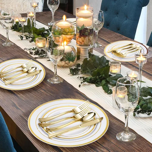 Miniatura 6 de BESTVIP Juego de 600 platos de plástico dorados (para 100 invitados), platos de plástico para fiesta, boda, cumpleaños, juego de vajilla desechable