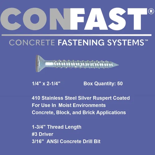 Miniatura 3 de CONFAST - Tornillos para hormigón de 1/4" x 2-1/4" de acero inoxidable 410 Phillips planos con cabeza cuadrada embotada con broca para hormigón