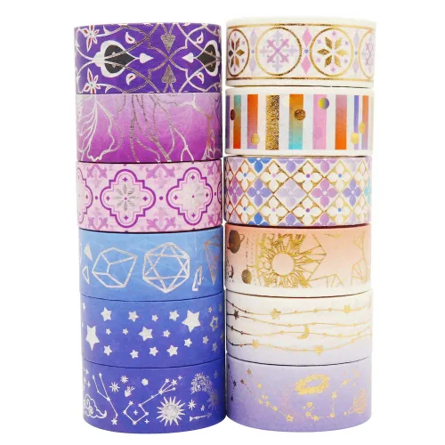 Miniatura 3 de YUBBAEX Galaxy - Juego de cinta adhesiva Washi con estrellas púrpuras decorativas, cinta adhesiva de lámina plateada y dorada para arte, Noche