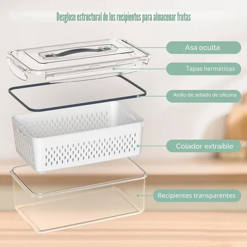 Miniatura 4 de 5 recipientes de almacenamiento de frutas para refrigerador con colador extraíble y tapa con asa, organizadores y almacenamiento de refrigerador