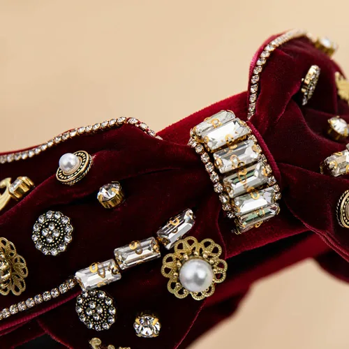 Miniatura 5 de YARN & INK Cintas para el cabello de mujer con perlas barrocas de terciopelo y lazo de strass, estilo retro vintage hecho a mano, elegante accesorio
