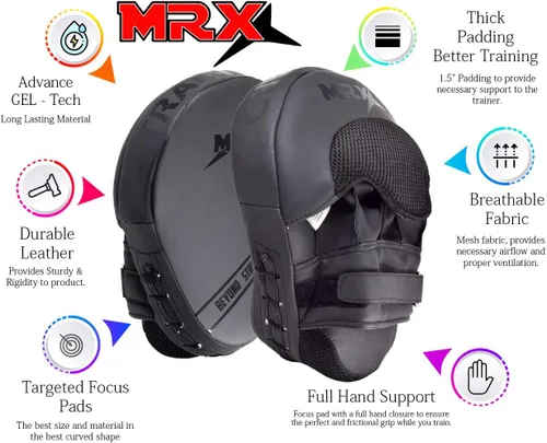 Miniatura 2 de MRX Gel Tech - Gancho de boxeo y almohadillas de Jab MMA Focus Guantes de entrenamiento Thai Kick Strike Shield Curvo Negro/Blanco