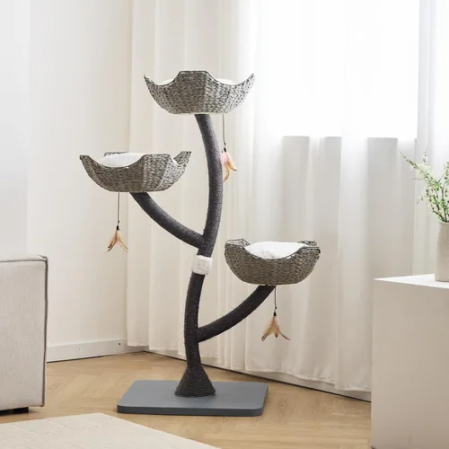 Miniatura 6 de Torre de árbol gris moderno de 52 pulgadas de alto para gatos grandes, postes rascadores para gatos con cestas tejidas a mano Condominio de lujo
